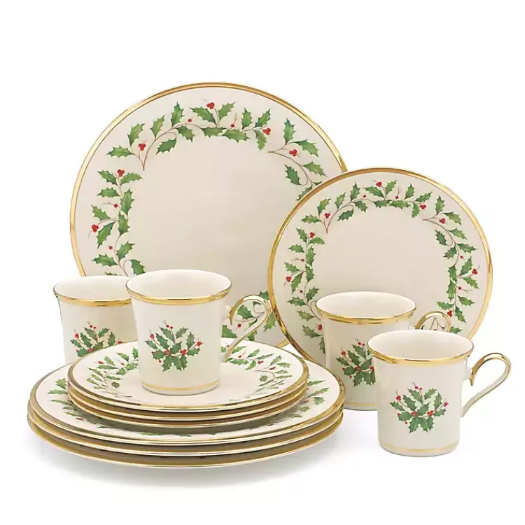Christmas Dining & Entertaining>Kirklands Home Lenox Holly Gold Edge 12-pc. Dinnerware Set