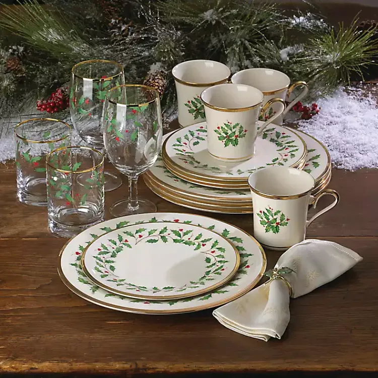 Christmas Dining & Entertaining>Kirklands Home Lenox Holly Gold Edge 12-pc. Dinnerware Set