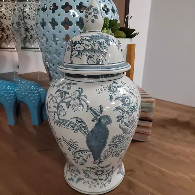 Decorative Bowls & Jars>Kirklands Home Light and White Ceramic Chinoiserie Jar Blue