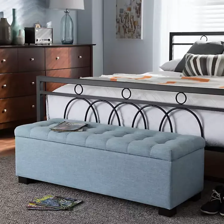 Kirklands Home Light Grid Tufted Upholstered Ottoman Blue Clearance
