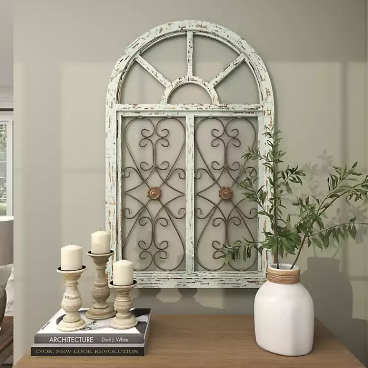 Kirklands Home Light Blue Wood Arched Window Wall Plaque Discount