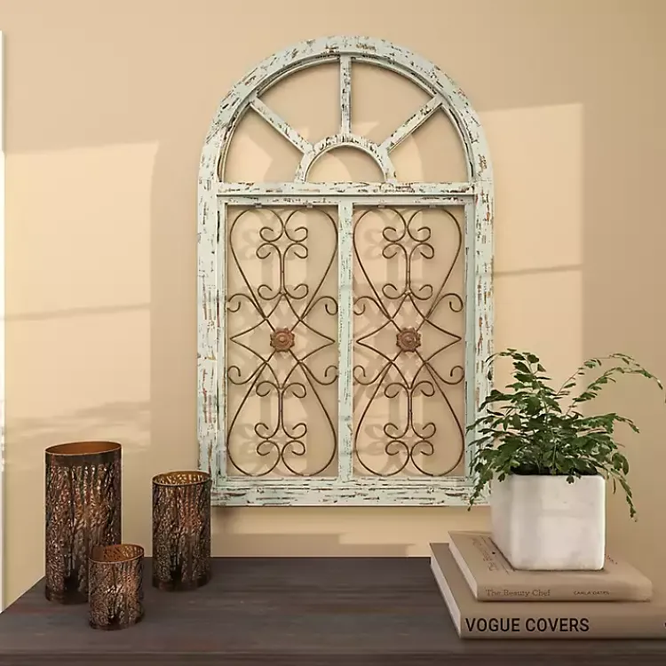 Kirklands Home Light Blue Wood Arched Window Wall Plaque Discount