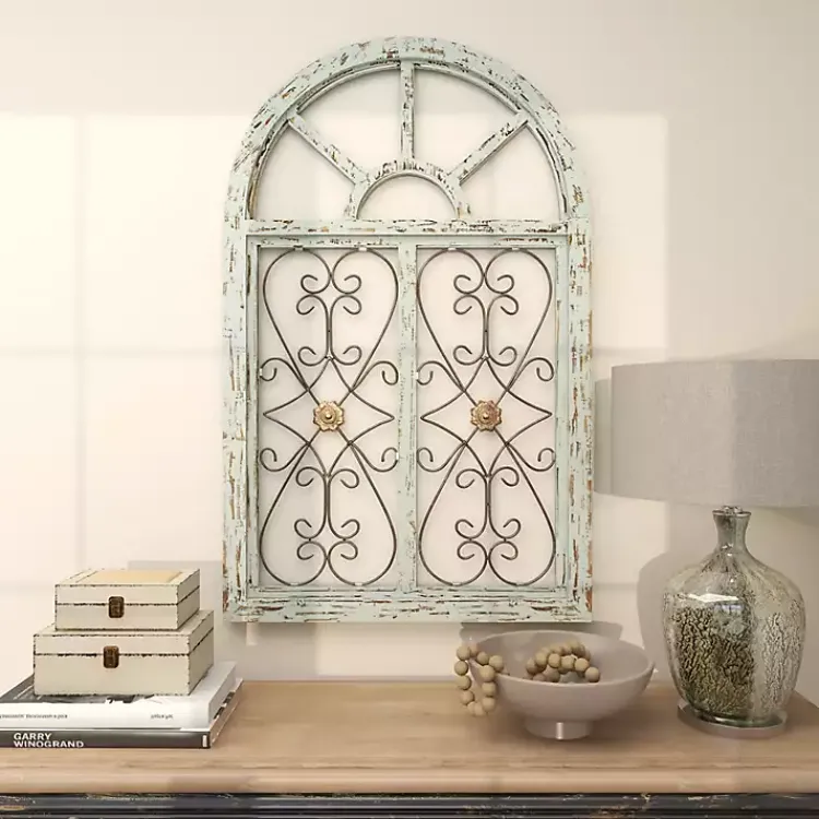 Kirklands Home Light Blue Wood Arched Window Wall Plaque Discount