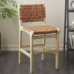 Kirklands Home Light Brown Woven Leather Wooden Counter Stool Tan