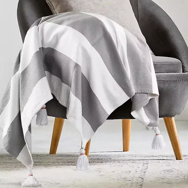 Blankets & Throws>Kirklands Home Light Gray Cabana Stripe Tassel Throw