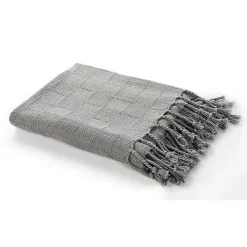 Blankets & Throws>Kirklands Home Light Checkered Weave Fringe Throw Gray