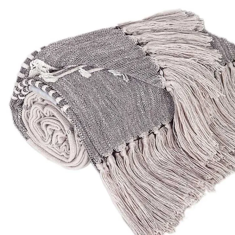 Blankets & Throws>Kirklands Home Light Slub Striped Tassel Throw Gray