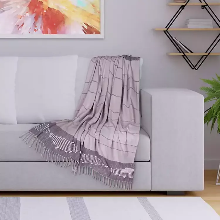 Blankets & Throws>Kirklands Home Light Slub Striped Tassel Throw Gray