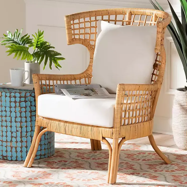 Kirklands Home Light Honey Rattan Curved Accent Chair Ivory New