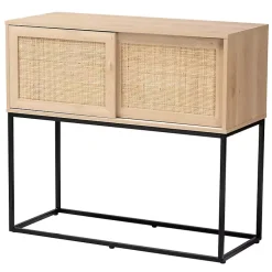 Kirklands Home Light Wood and Rat Sliding Door Cabinet Tan Clearance