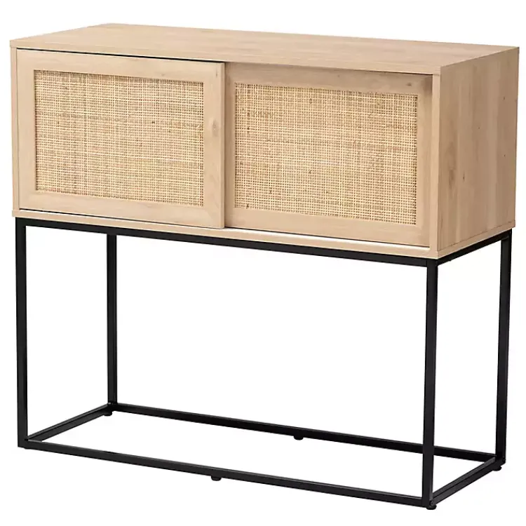 Kirklands Home Light Wood and Rat Sliding Door Cabinet Tan Clearance