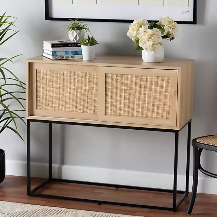 Kirklands Home Light Wood and Rat Sliding Door Cabinet Tan Clearance