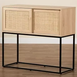 Kirklands Home Light Wood and Rat Sliding Door Cabinet Tan Clearance