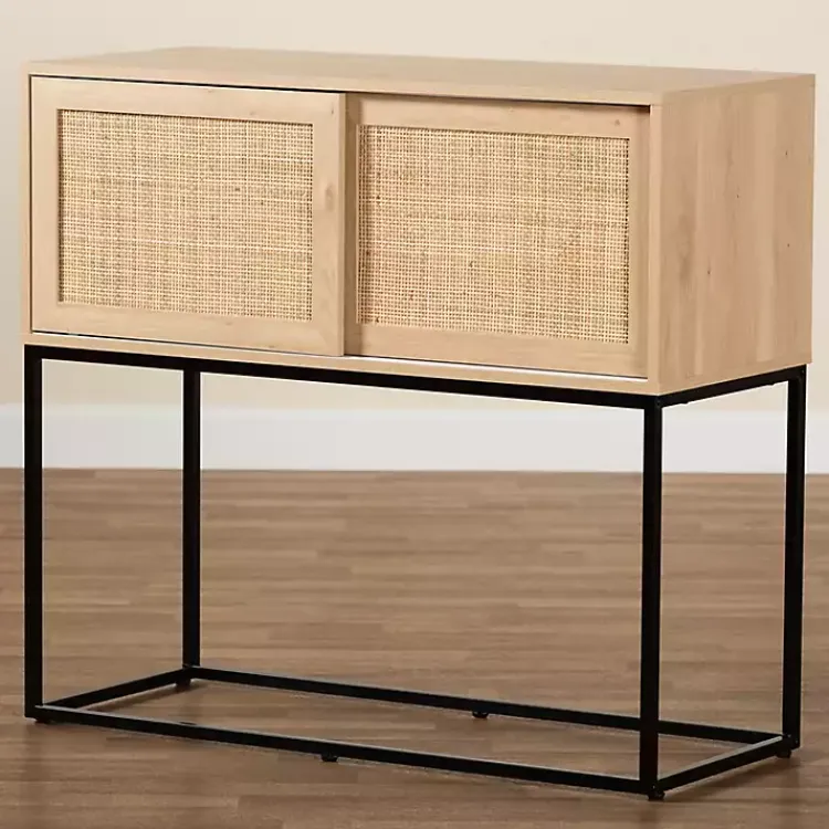 Kirklands Home Light Wood and Rat Sliding Door Cabinet Tan Clearance