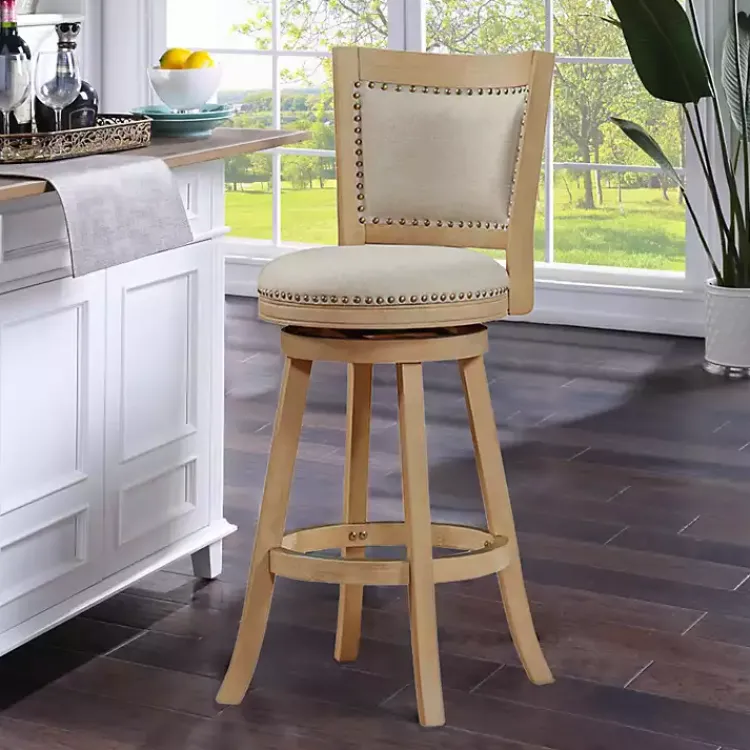 Kirklands Home Linen and Wood Nailhead Swivel Bar Stool Tan Clearance