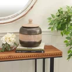 Decorative Bowls & Jars>Kirklands Home Mahogany Wood and Metal Jar with Lid, 11 in.