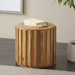 Kirklands Home Mango Wood Ridged Drum Accent Table Brown