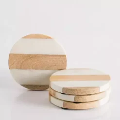 Kirklands Home Marble and Wood Striped Coasters, Set of 4 New