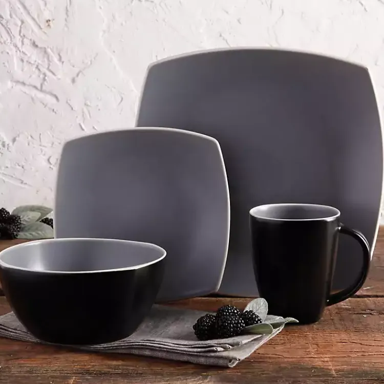 Kirklands Home Matte Gray and Black 16-pc. Dinnerware Set Outlet