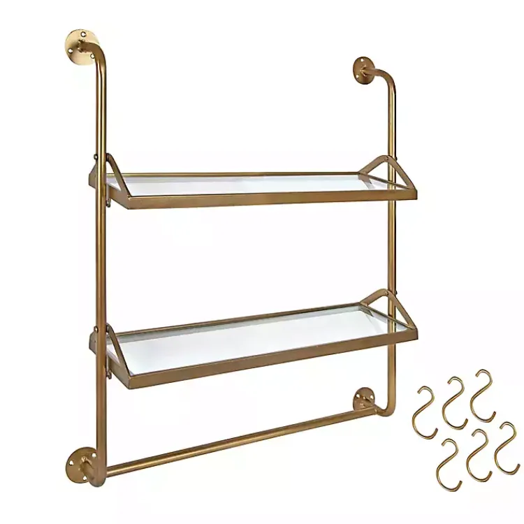 Kirklands Home Merit Gold Metal Wall Shelf with Hooks Clearance