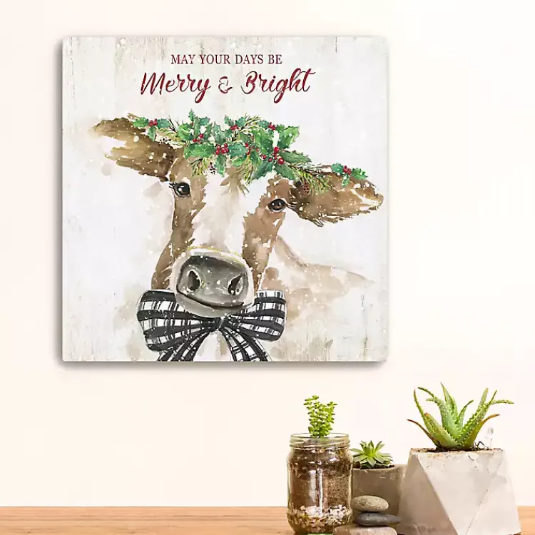Christmas Art & Wall Decor>Kirklands Home Merry and Bright Cow Canvas Art Print