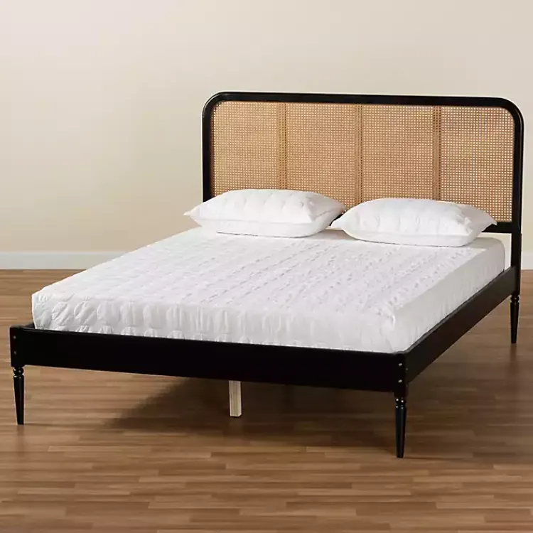 Kirklands Home Mid-Century Black Wood Rattan Queen Platform Bed Outlet