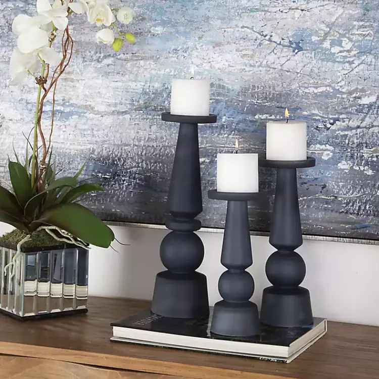 Candle Holders>Kirklands Home Midnight Glass Pillar Holders, Set of 3 Blue