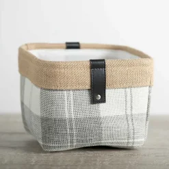 Baskets & Boxes>Kirklands Home Mini Gray Plaid Bin with Leather Accent