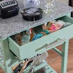 Kirklands Home Mint Rolling Kitchen Cart with Granite Top Green Discount