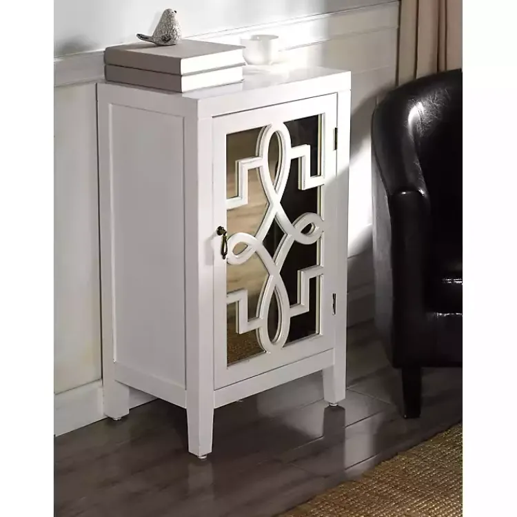 Kirklands Home Mirrored 1-Door Cabinet with Overlay Pattern White Outlet