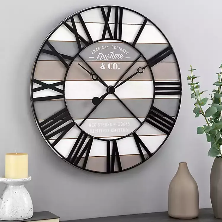 Kirklands Home Mixed Plank and Black Metal Wall Clock New