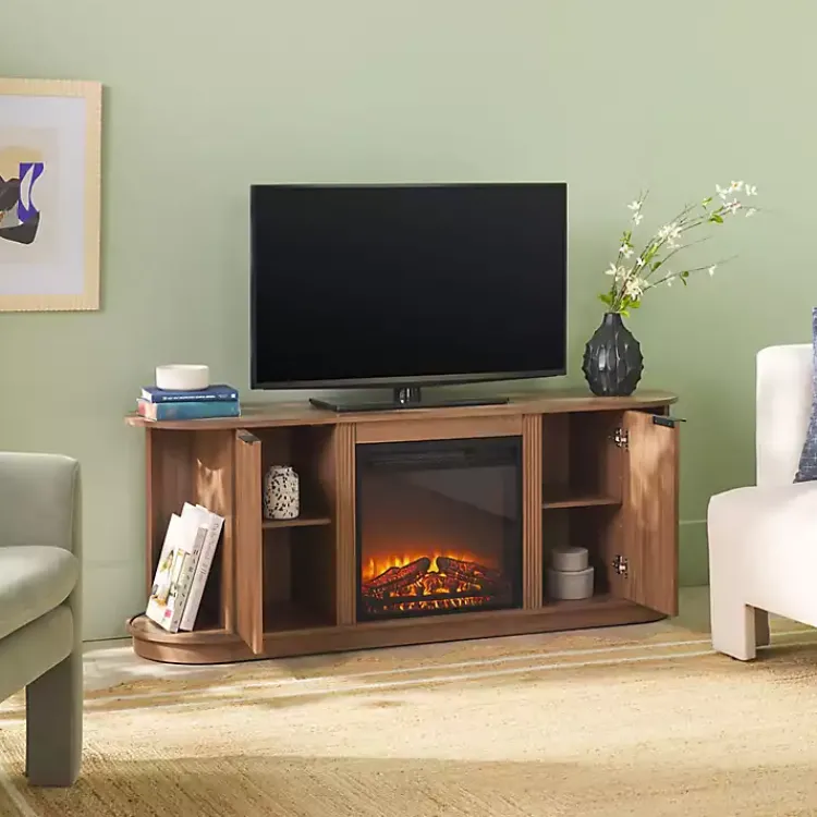 Kirklands Home Mocha Reeded Fireplace Media Cabinet Brown New