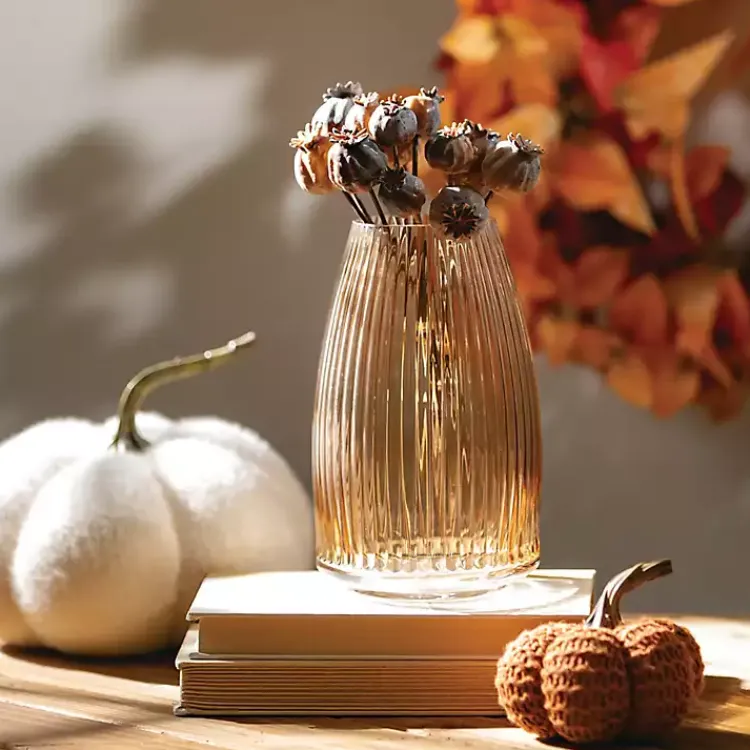 Vases>Kirklands Home Modern Amber Ribbed Glass Vase Brown