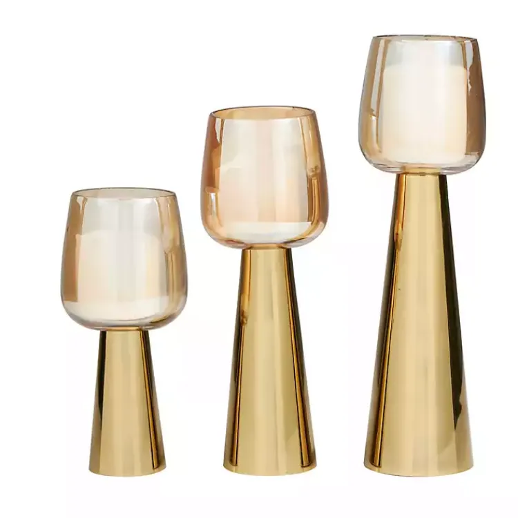 Candle Holders>Kirklands Home Modern Base Glass 3-pc. Candle Holder Set Gold