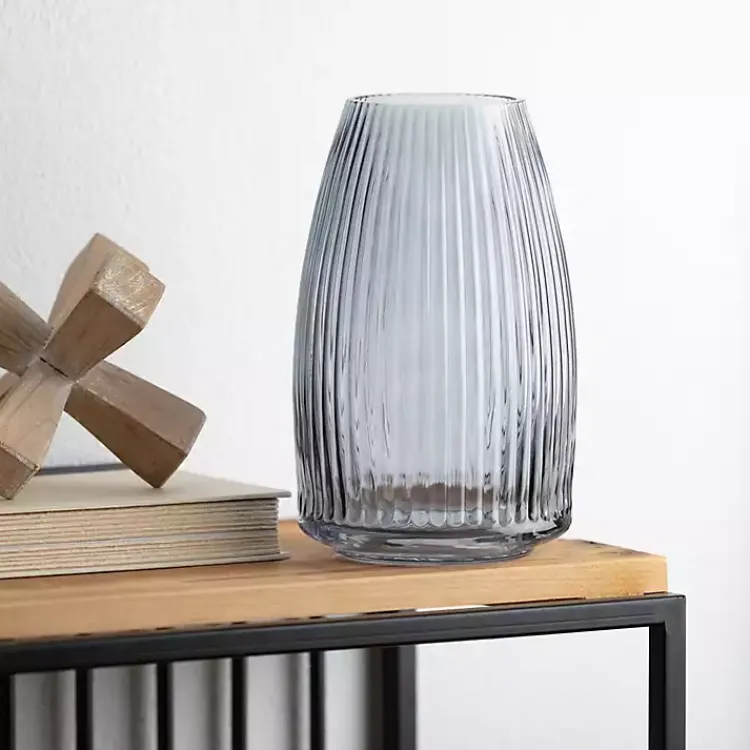 Vases>Kirklands Home Modern Ribbed Glass Vase Gray
