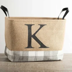 Baskets & Boxes>Kirklands Home Monogrammed K Gray Plaid Leather Handle Jute Bin Tan