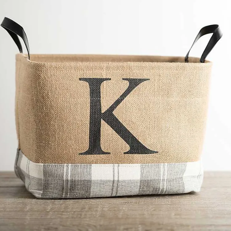 Baskets & Boxes>Kirklands Home Monogrammed K Gray Plaid Leather Handle Jute Bin Tan