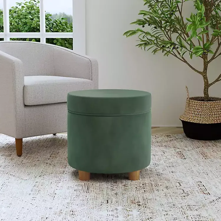 Kirklands Home Moss Round Velvet Storage Ottoman Green