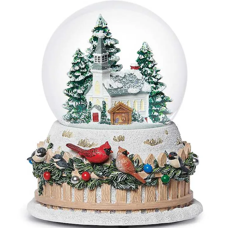 Christmas Decorations>Kirklands Home Musical Church and Birds on Fence Christmas Dome