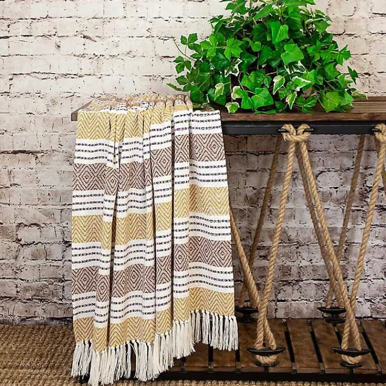 Blankets & Throws>Kirklands Home Mustard Herringbone Multi Striped Throw Yellow