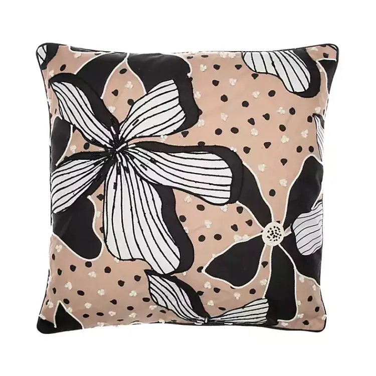 Pillows>Kirklands Home Natural & Black Embroidered Floral Throw Pillow