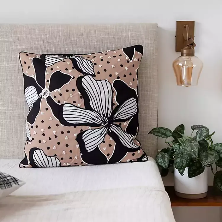 Pillows>Kirklands Home Natural & Black Embroidered Floral Throw Pillow