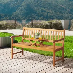Kirklands Home Natural Acacia Wood Bench with Pop-Up Table Tan