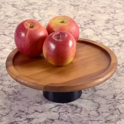 Kirklands Home Natural Acacia Wood Cake Stand with Black Base Clearance
