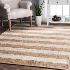 Kirklands Home Natural and White Striped Felix Area Rug, 7x9 New