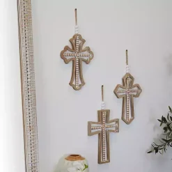 Kirklands Home Natural Beaded Wood Cross Wall Plaques, Set of 3 Tan Sale