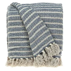 Blankets & Throws>Kirklands Home Natural Striped Woven Tassel Throw Blue