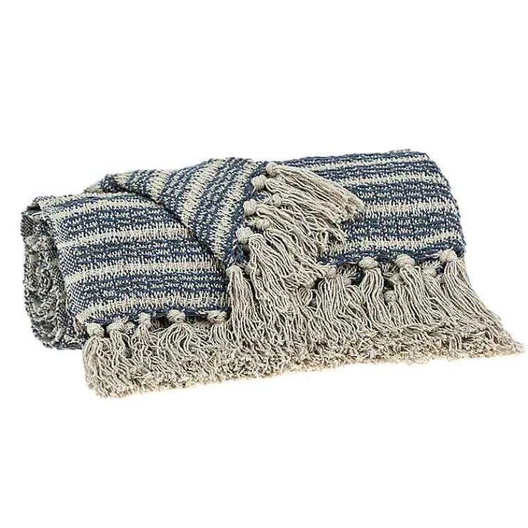 Blankets & Throws>Kirklands Home Natural Striped Woven Tassel Throw Blue
