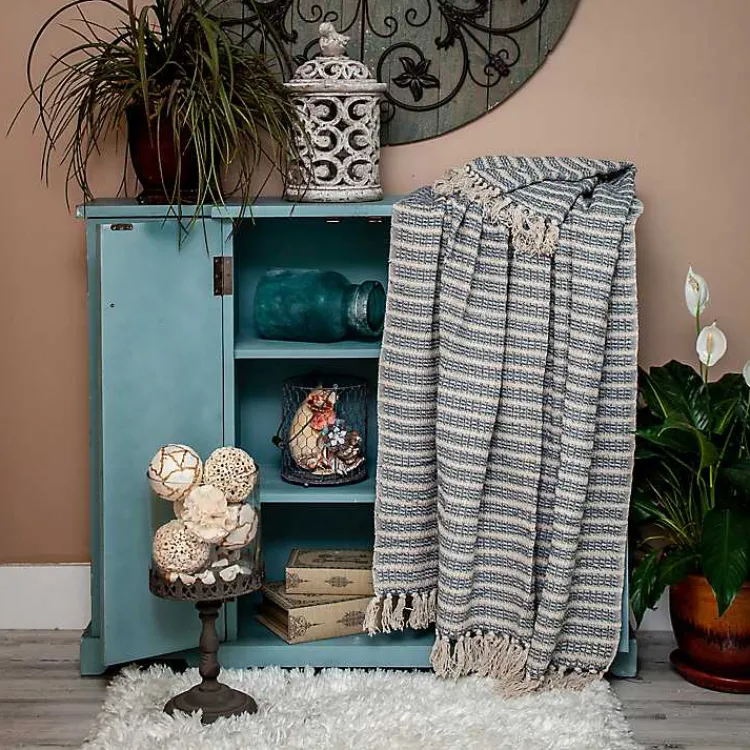 Blankets & Throws>Kirklands Home Natural Striped Woven Tassel Throw Blue