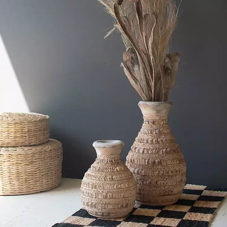 Vases>Kirklands Home Natural Carved Textured Wood Vases, Set of 2 Brown